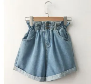 Casual Loose Roll Up Hem Elastic Waist Pocket High Waist Denim Shorts