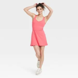 New - Women's Knit Halter Active Woven Dress - All In Motion Coral Pink XL