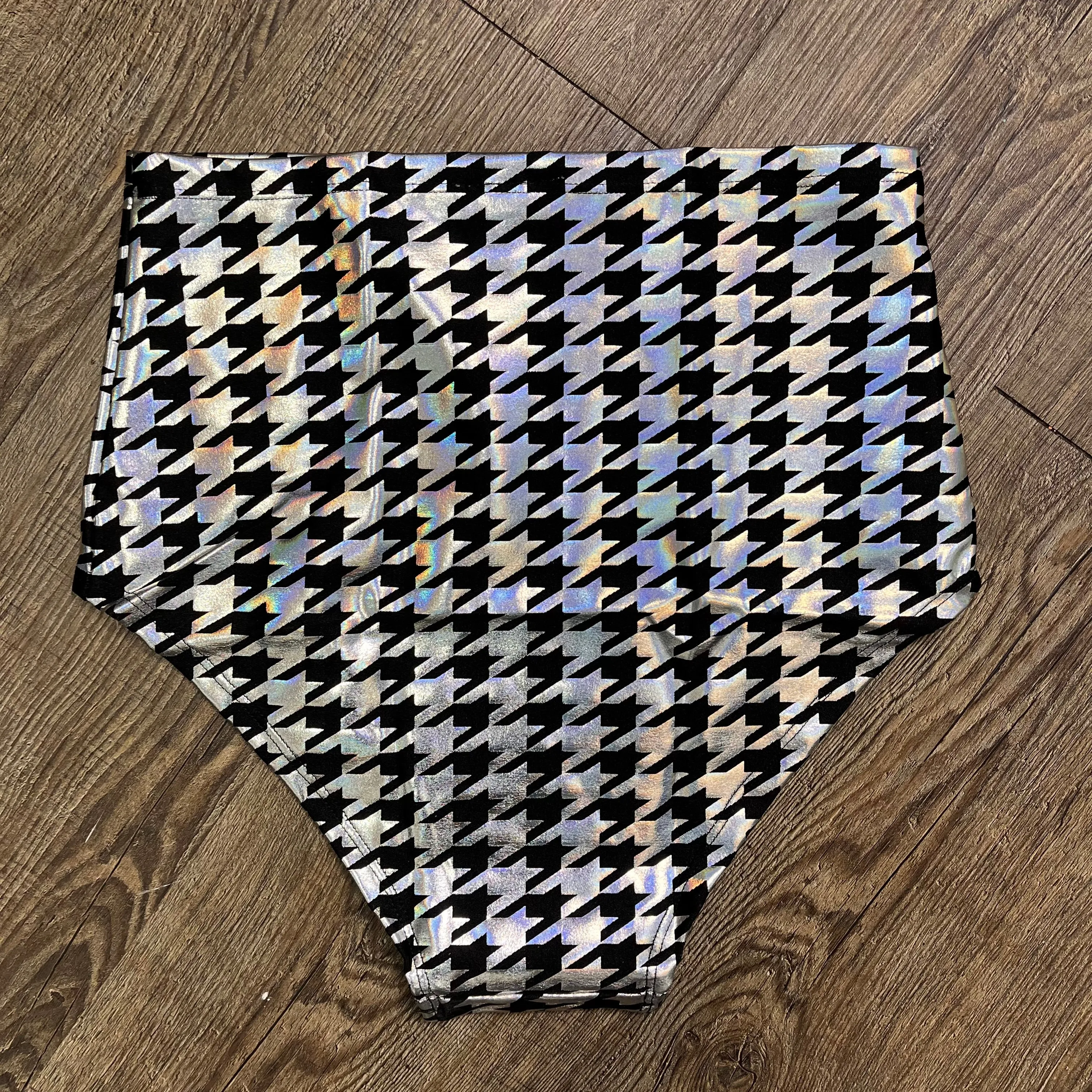 SALE - High Waist Hot Pants - Silver/Black Houndstooth Holographic