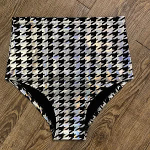 SALE - High Waist Hot Pants - Silver/Black Houndstooth Holographic