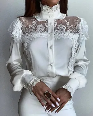 Trendy Lace Mesh Long Lantern Sleeves Stand Collar Blouse