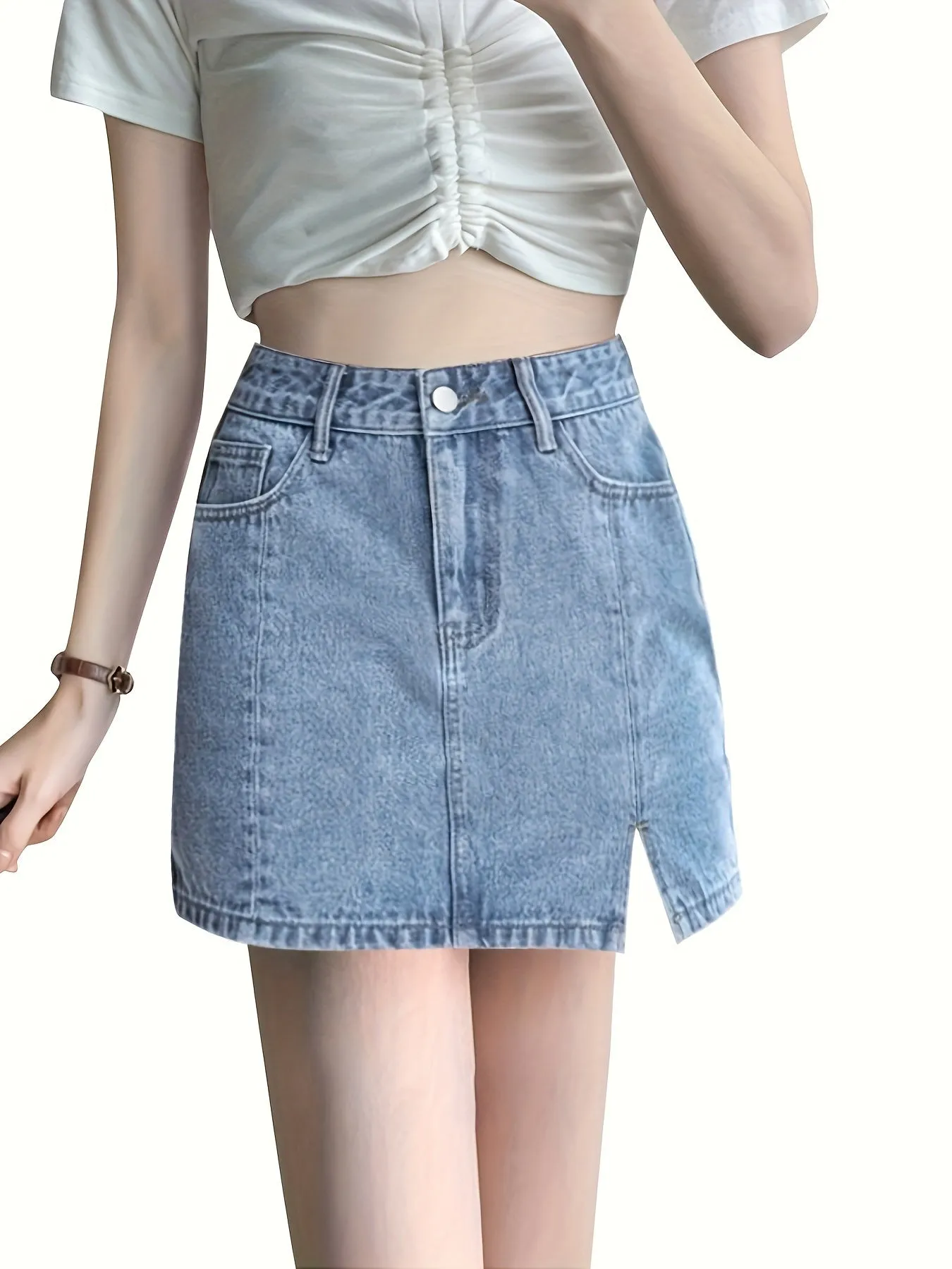 Women's Casual High-Waisted Denim Skirt With Split Detail, Light Wash, Fashion Streetwear Style, Versatile Day To Night Look