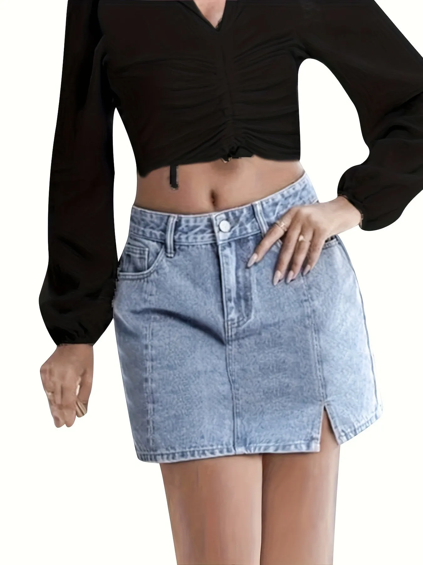 Women's Casual High-Waisted Denim Skirt With Split Detail, Light Wash, Fashion Streetwear Style, Versatile Day To Night Look