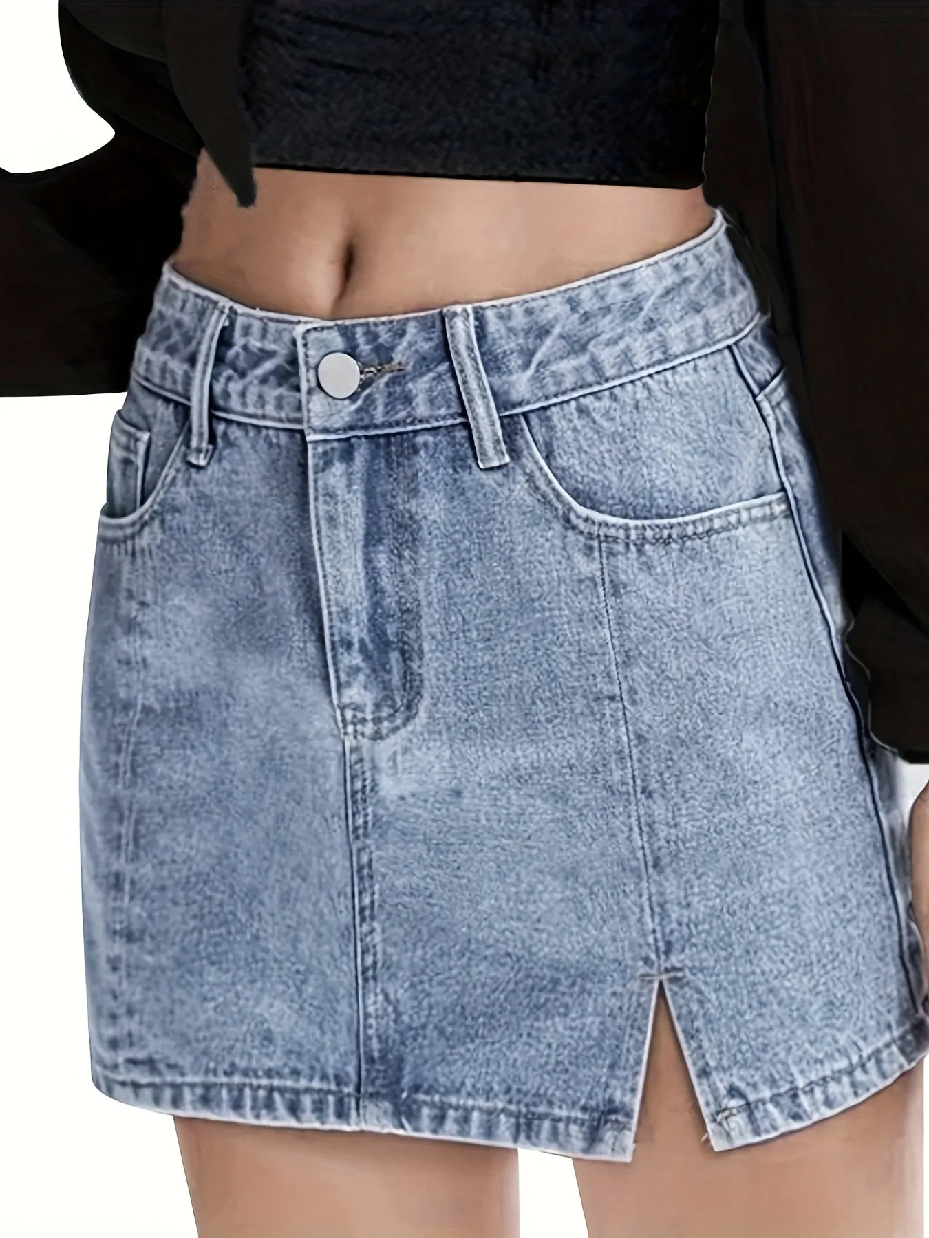 Women's Casual High-Waisted Denim Skirt With Split Detail, Light Wash, Fashion Streetwear Style, Versatile Day To Night Look