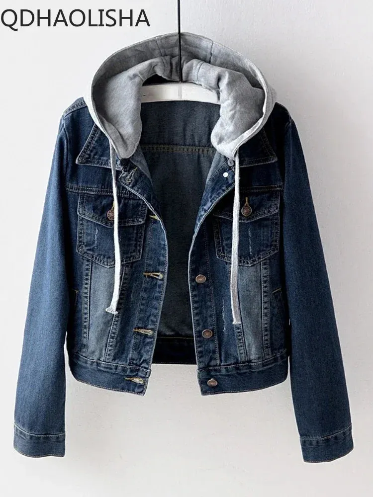 Women's Jacket Denim Coat New in Korean Fashion Slim Versatile Long Sleeve Top Hooded Short Denim Jacket Winter Woman Clothing